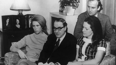 Australian newspaper executive Alick McKay makes an appeal from his home in Wimbledon for the safe return of missing wife Muriel on 9 January 1970, accompanied by his son Ian and daughters Jennifer (left) and Diana. It later transpired that Mrs McKay had been kidnapped, having been mistaken for the wife of media mogul Rupert Murdoch. Pic: Keystone/Hulton Archive/Getty Images/Sky UK